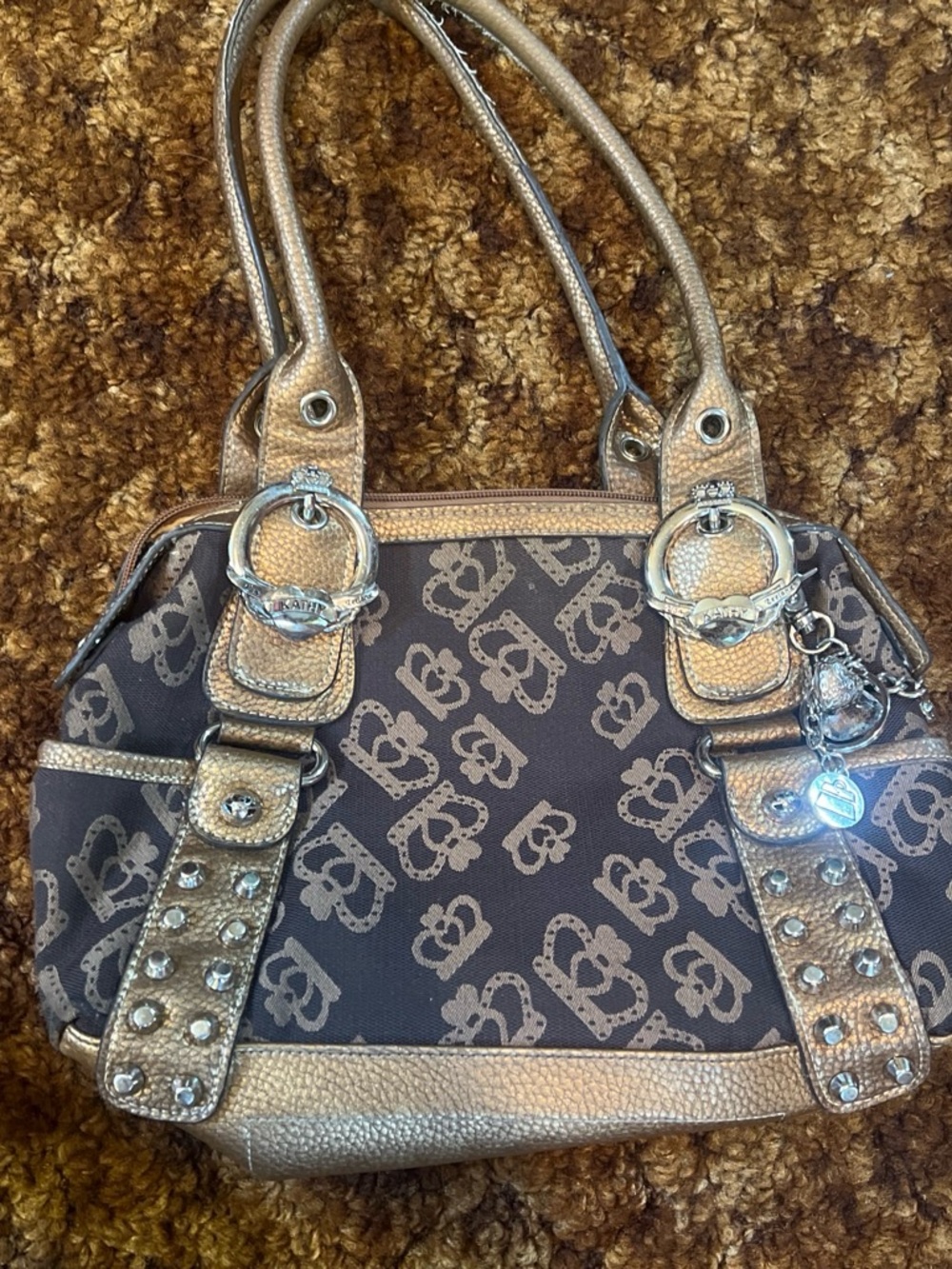 Vintage rare y2k Kathy Van Zeeland Brown Patterned Shoulder Bag with Gold Trim - Picture 5 of 5